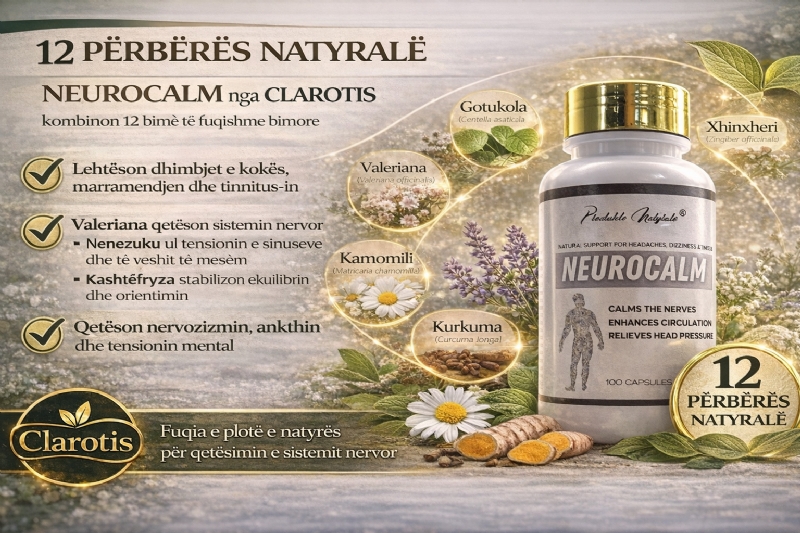 NEUROCALM suplement bimor nga CLAROTIS, blej kapsula per tinnitus, suplement per marramendje ne Shqiperi, produkt natyral per presion ne koke, kapsula per stres dhe lodhje mendore, suplement per qetesim mendor natyral, kapsula per stabilitet nervor
