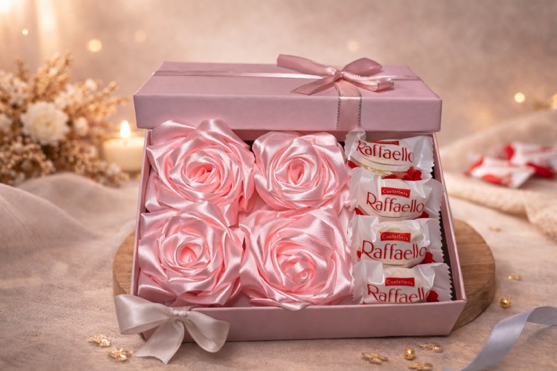 Kuti Trendafili Saten Mini e Personalizuar me Lule dhe Çokollata Rafaello, Dhurate Elegante nga KONFETAT E ARTA, konfeta premium ne Tirane qender, dhurata me emer, suvenire ceremoniale ne Shqiperi, dyqan konfeta ne Tirane